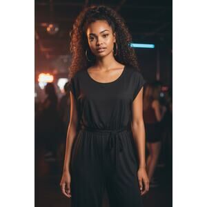Vtg 70s Jumpsuit Wide Leg Scoop Neck XS Black Retro Disco Cosplay Dance Unique